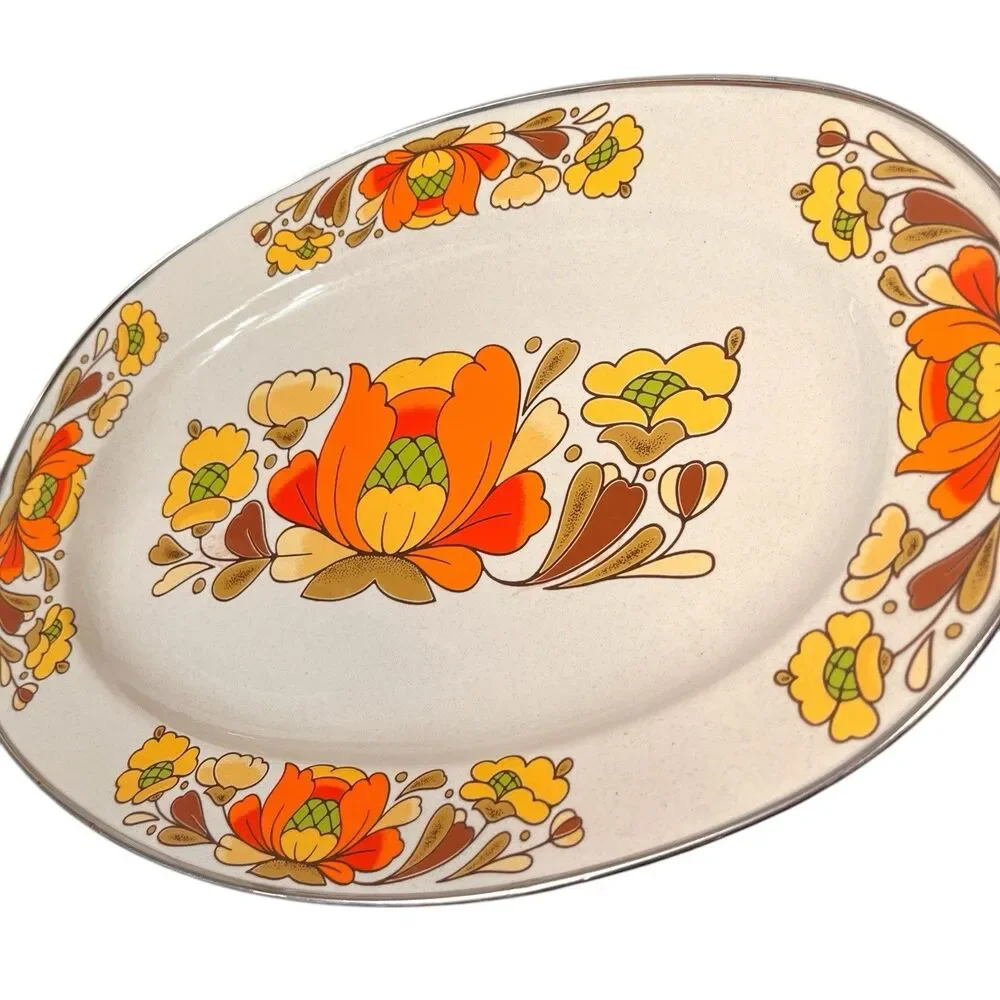 MCM Vintage 1970s Sanko Ware Porcelain Enameled Steel Country Flowers Platter